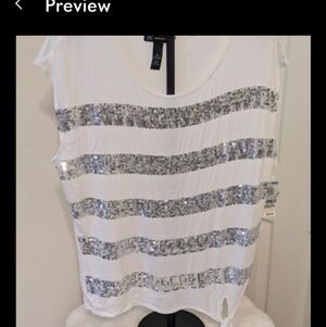 INC White Sequin Stripe Short Sleeve Top NWT Size Xl